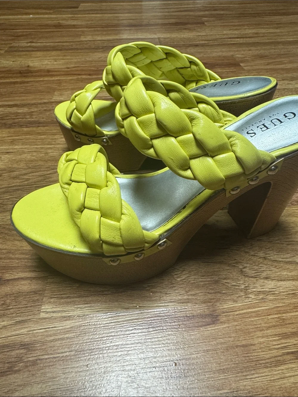 GUESS Yellow Braided Double-Strap Platform Mules